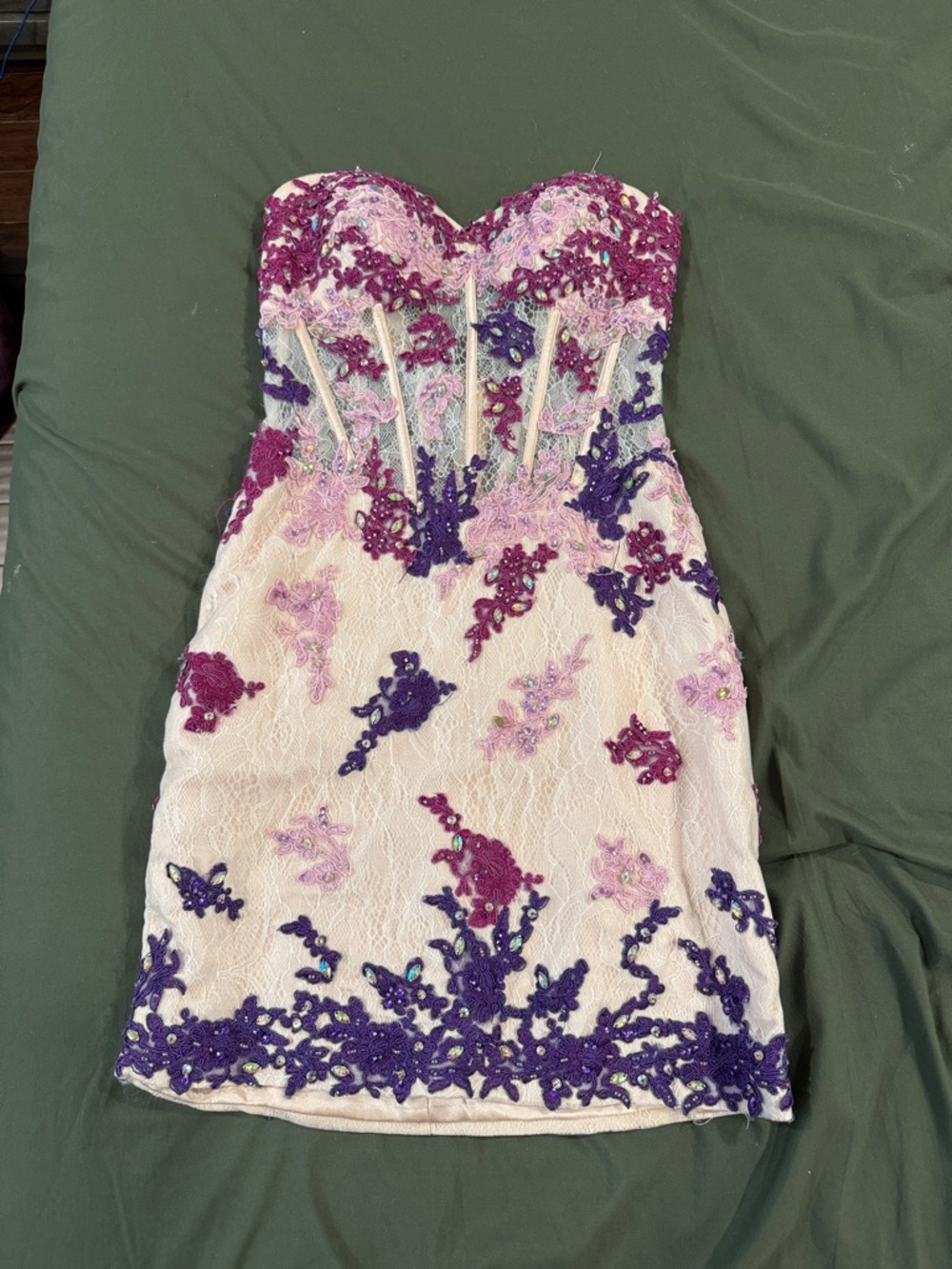 Rachel Allan Strapless Cream Mini Dress with Purple & Pink Appliqué